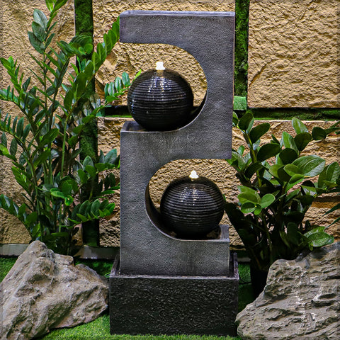 2Tier Water Fountain Modern Stacked Sphere Spillway Garden Decor with Pump and Light