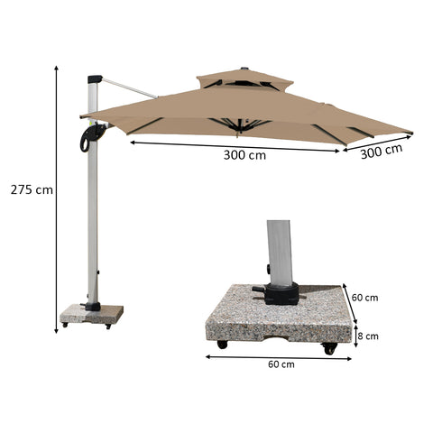 3m x 3m Cantilever Parasol Umbrella with 80kg Marble Base