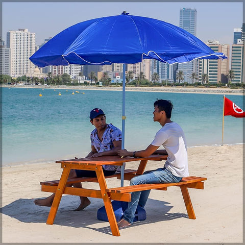 Wooden garden bench with umbrella hole for outdoor seating