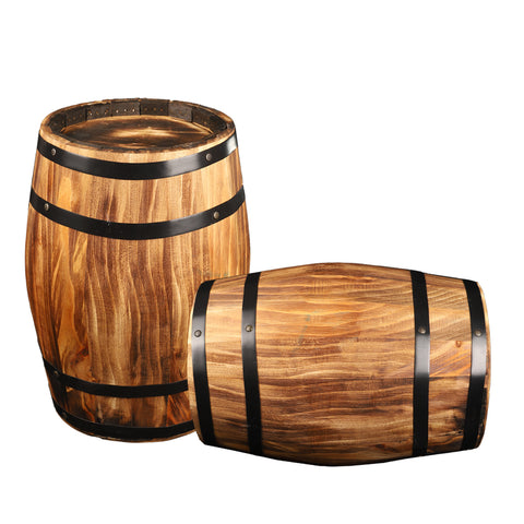 Rustic wooden barrel for garden and patio decoration