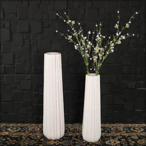 White Ribbed Ceramic Floor Vase