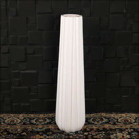 White Ribbed Ceramic Floor Vase