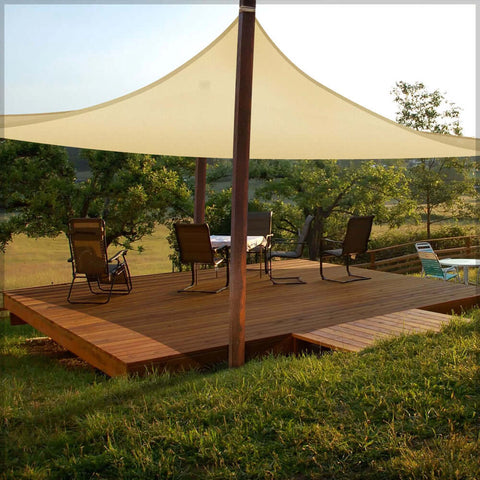 Sun shade sail awning providing UV protection in outdoor spaces