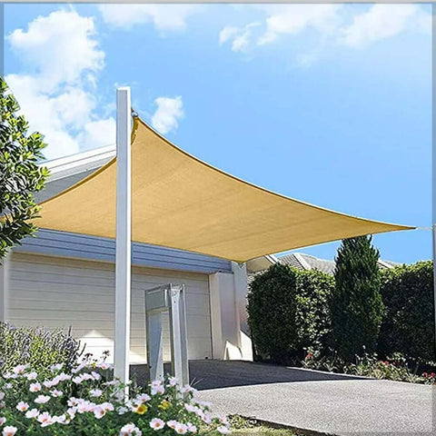 Sun shade sail awning providing UV protection for outdoor spaces.