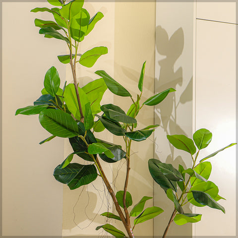 A stunning large faux fiddle leaf fig tree placed in a minimalist entryway