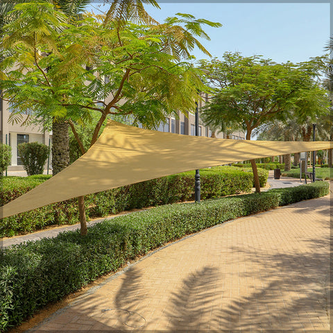 Durable triangle sun shade over a patio