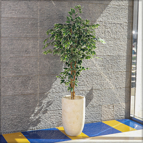 Stylish concrete vase with linear pattern