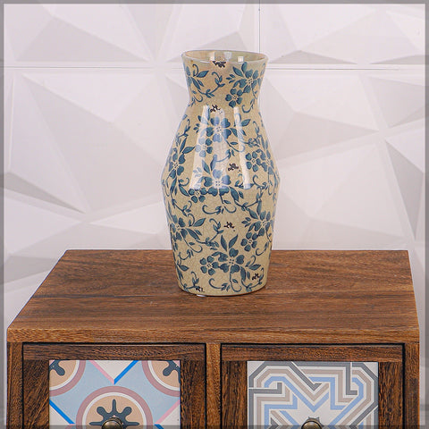 Floral design ceramic vase in cream and blue colors