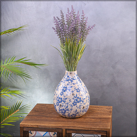 Floral ceramic vase with vintage blue and cream design