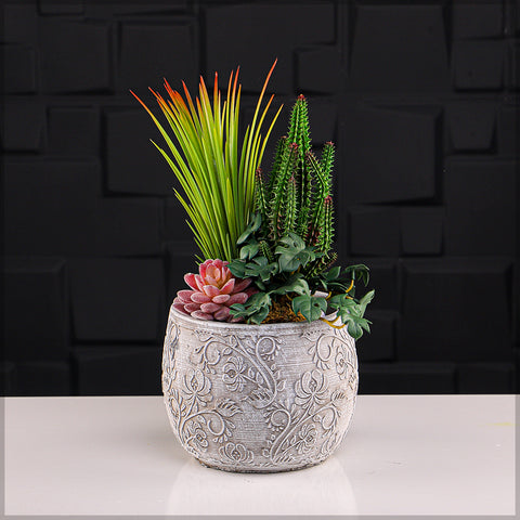 Decorative Flower Design Gray Cement Vase