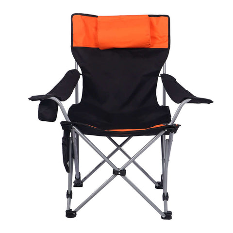 Foldable camping chair with cup holder, pillow, and armrests