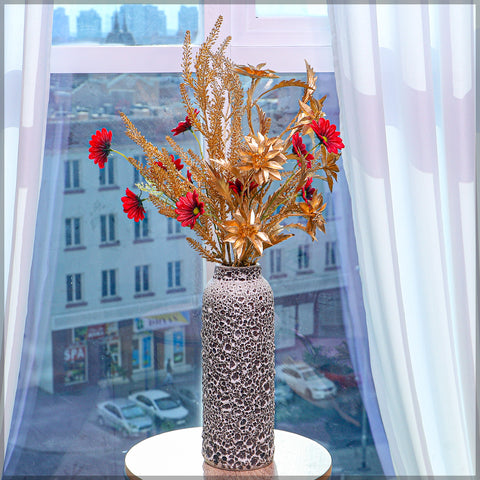 Golden Flower Arrangements with Red Flowers and Vase