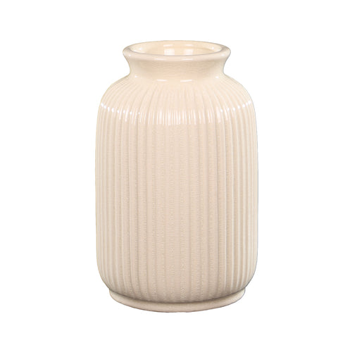 Elegant cream ceramic vase with embossed lines