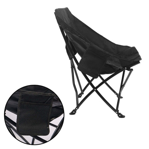 Portable black camping chair with drink storage