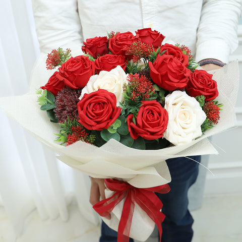 Stunning Valentines Forever White Red Roses Bouquet