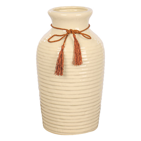 Stylish cream ceramic vase with ribbon for modern home decor