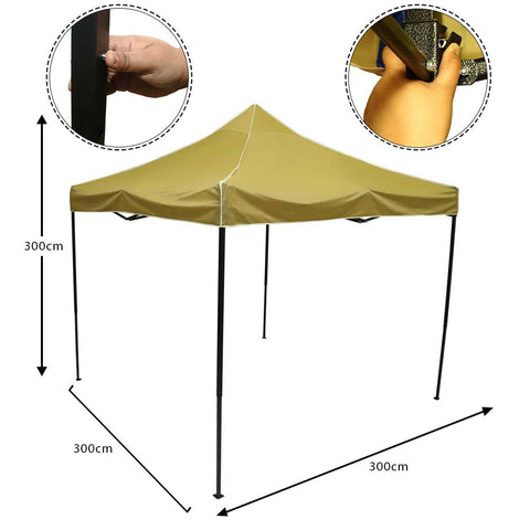 Waterproof khaki tent set up in the garden for outdoor shelter