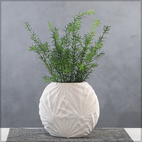 White ceramic round vase with tropical design